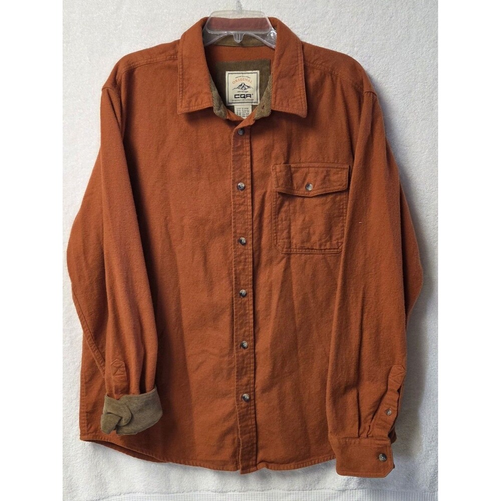 CQR Mens Flannel Shirt XL Orange Solid Cotton Corduroy Trim Long Sleeve Outdoor
